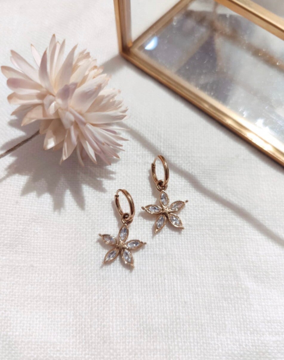 Boucles d’oreilles, mini créole, fleur et strass doré