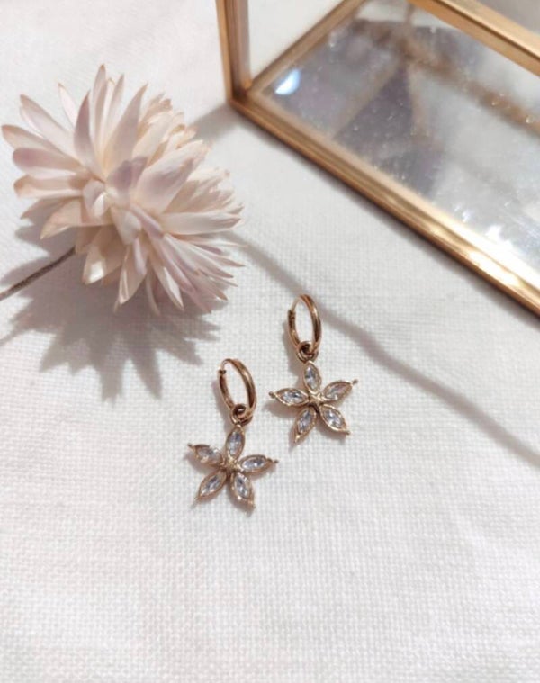 Boucles d’oreilles, mini créole, fleur et strass doré