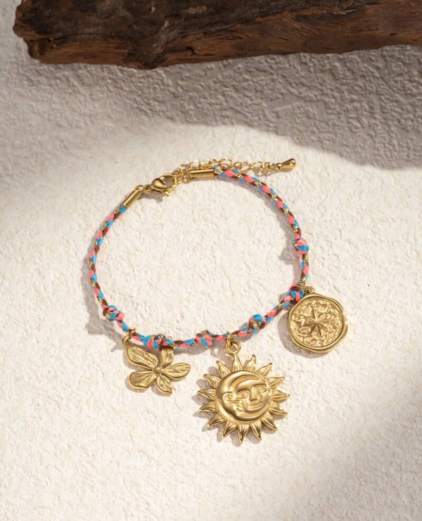 Bracelet corde tressée breloques fleur soleil lune acier