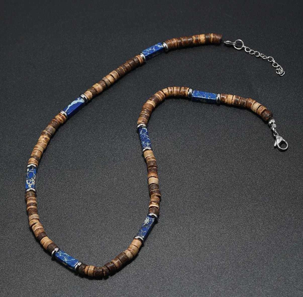 🌴 Collier homme – Perles en noix de coco Bleu