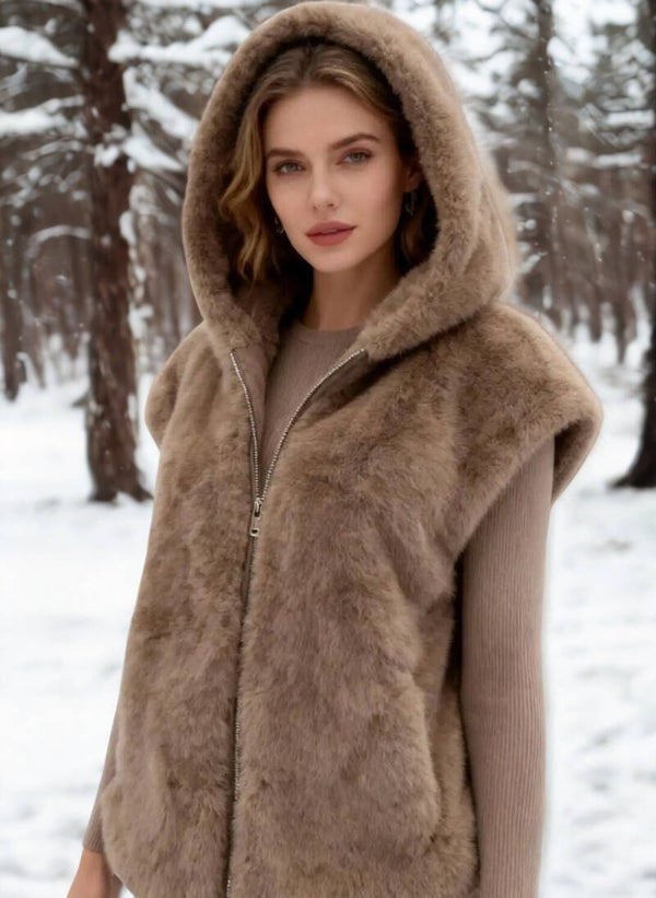 Veste en fausse fourrure taupe à capuche 🐻