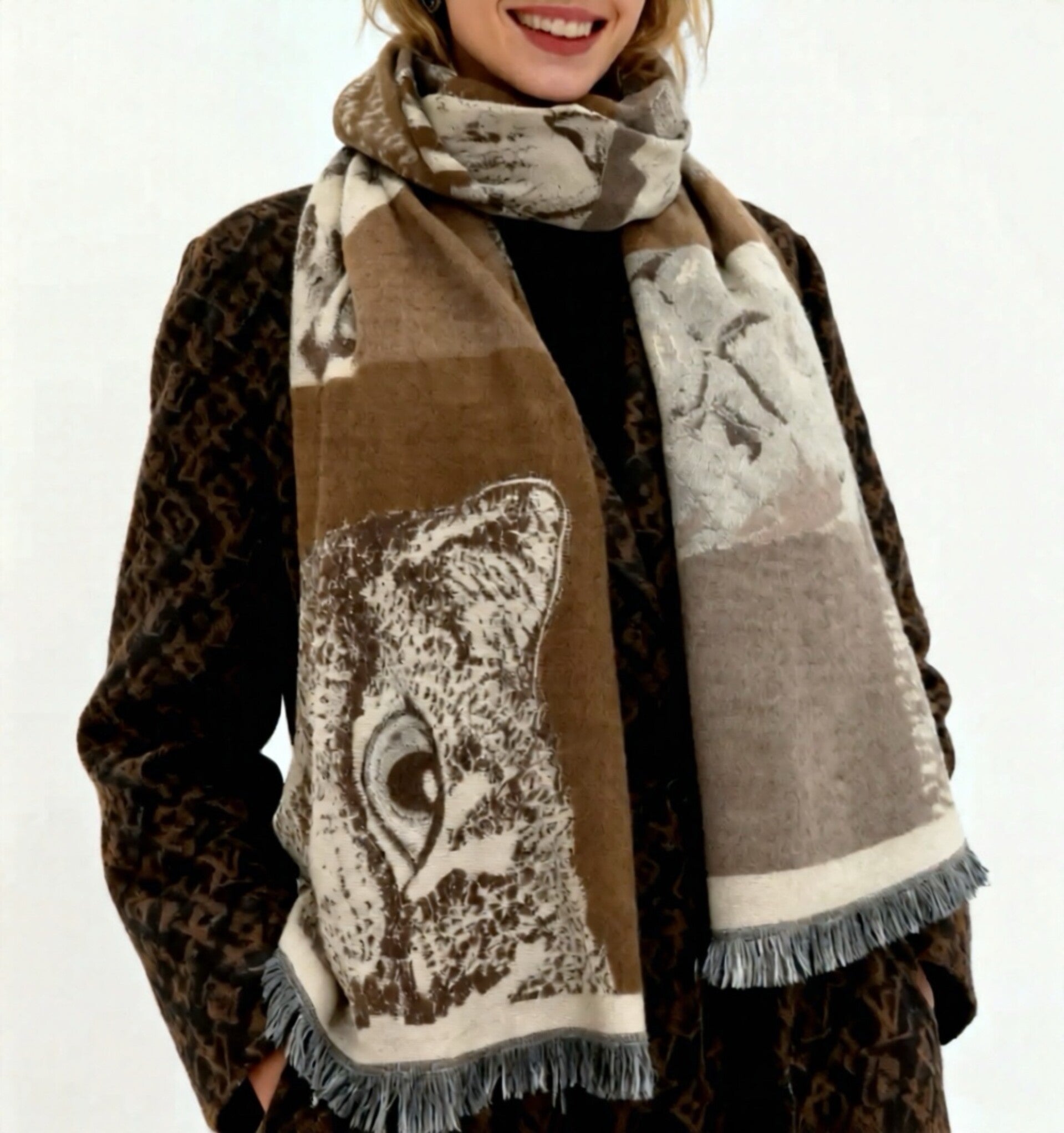 Écharpe motif chat – Marron taupe