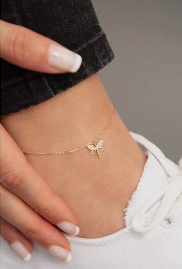 Chaîne de cheville, libellule, lumineuse, rose, Gold