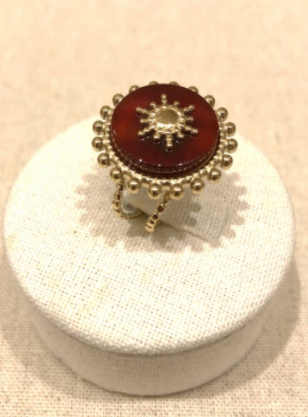 Bague, soleil agate rouge & doré
