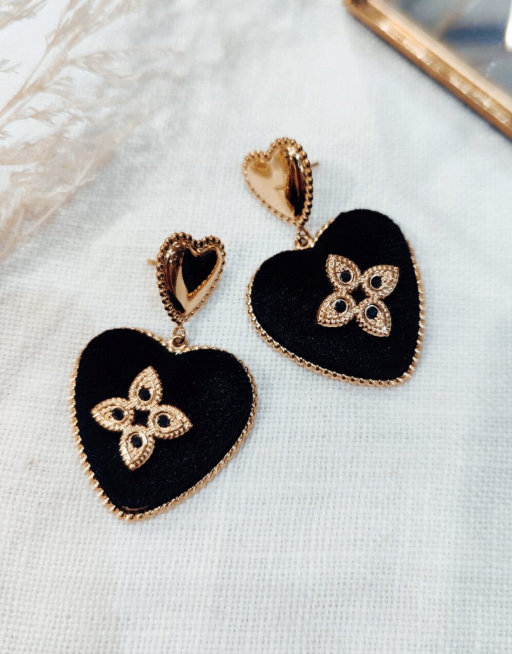 Boucles d’oreilles pendantes, Cœur de velours, Acier inoxydable