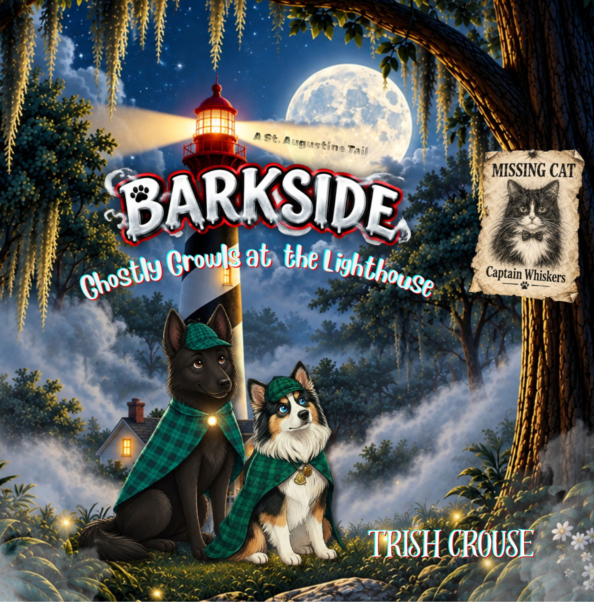 Cover of Barkside: Ghostly Growls at the Lighthouse, a children's mystery picture book set at the St. Augustine Lighthouse in Florida, written and illustrated by local author Trish Crouse.