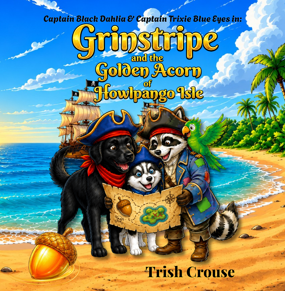 Cover of Grinstripe and the Golden Acorn of Howlpango Isle, Book 4 in the Pirate Pups Treasure Adventures children's book series by Trish Crouse.