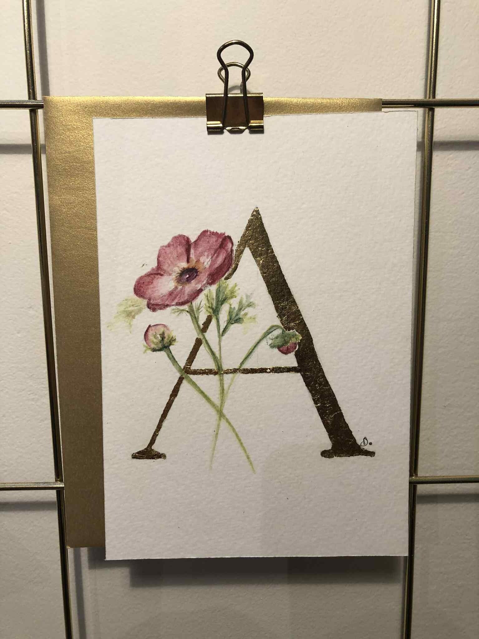 Handgeschilderde kaart - A - Anemone - Gold