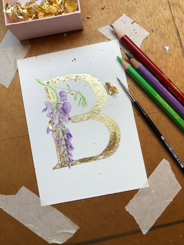 Handgeschilderde kaart - B - Blauwe regen - Gold