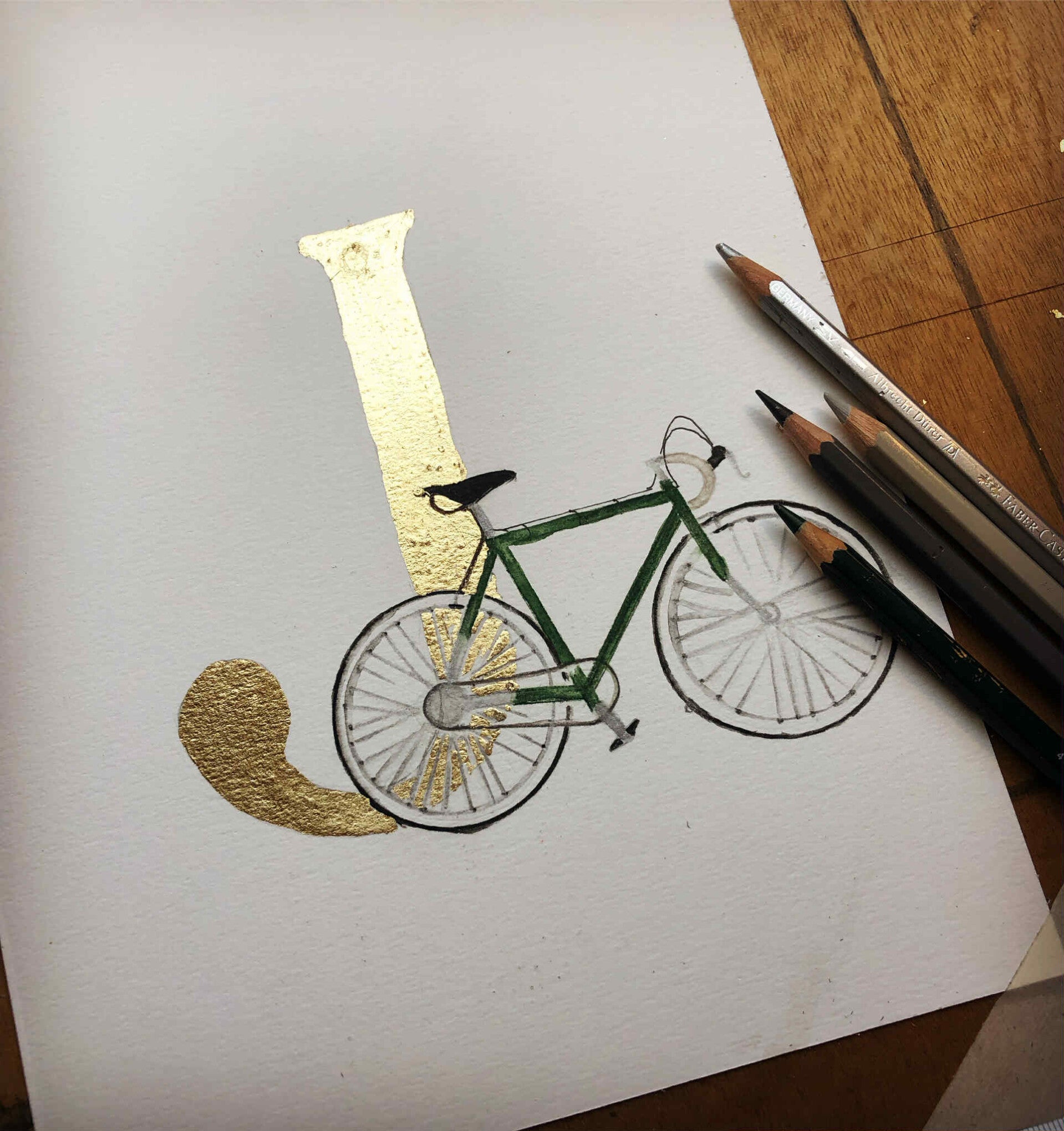 Handgeschilderde kaart -J - Fiets - Gold