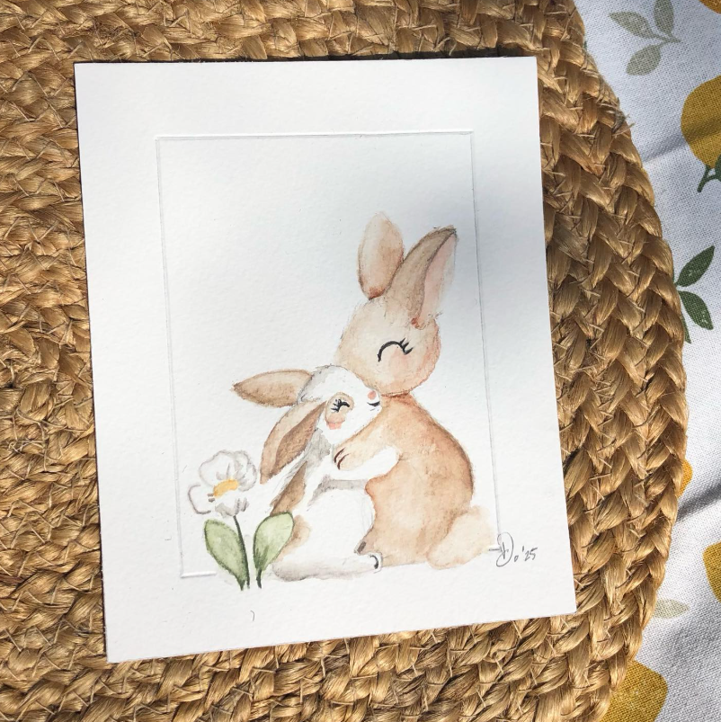 Handgeschilderde kaart - knuffelende konijntjes