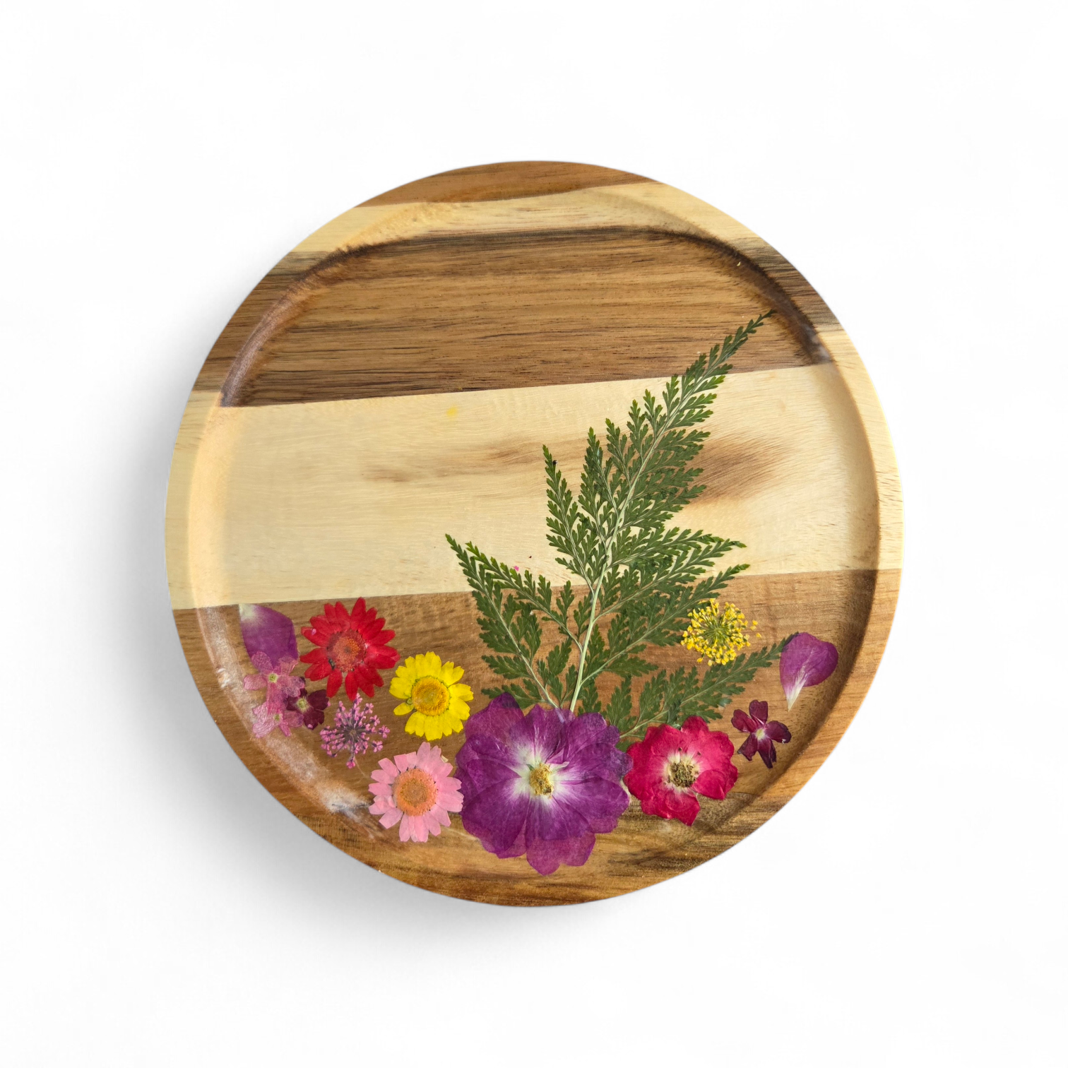 Botanical Acacia Wood table, shelf or Wall Art – 20cm Purple