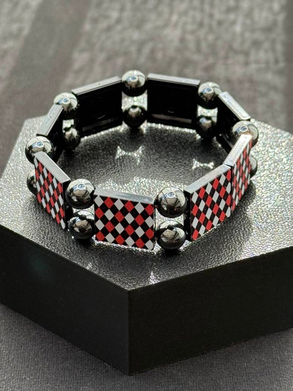 Bracelet femme jacquard noir rouge et blanc fait main — LeKlic en briques LEGO®