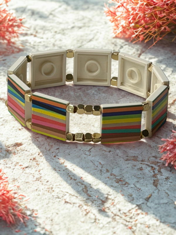 Bracelet LeKlic® Rayures Multicolores – Briques LEGO® & Perles Dorées