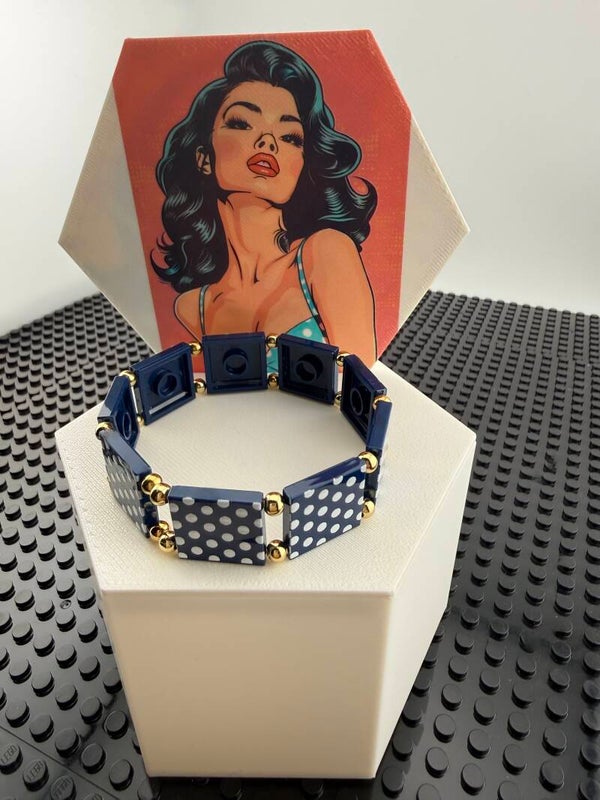 Bracelet Bleu Lego à pois blancs briques Lego