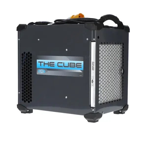 Dri-Eaz “The Cube” commercial dehumidifier with compact black metal casing, side air filters, carry handles, and high-performance moisture control design for water damage restoration and indoor air quality services by BioShield360