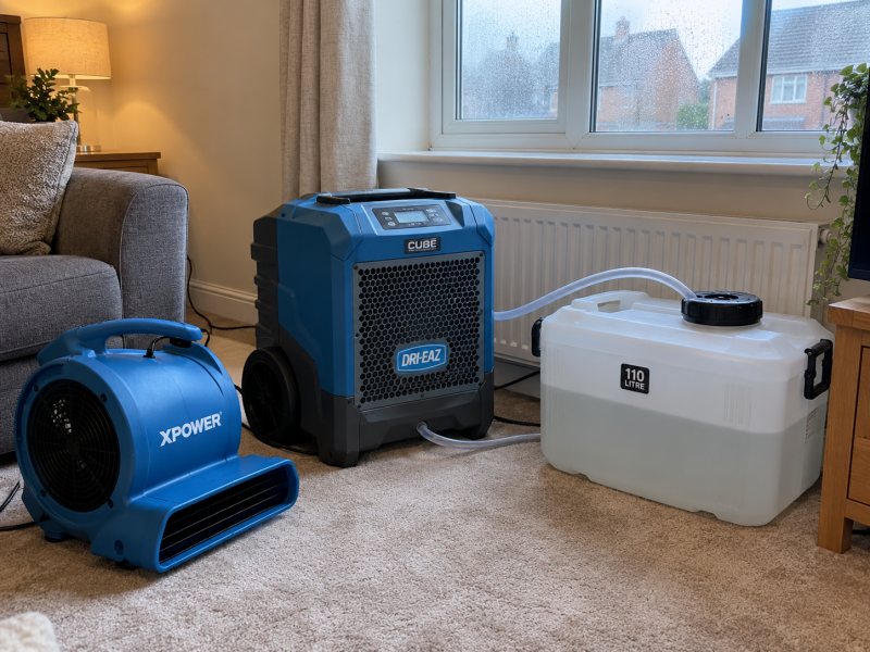 Professional Dri-Eaz Cube dehumidifier, XPOWER air mover and 110-litre water collection container inside a domestic home for humidity and moisture control