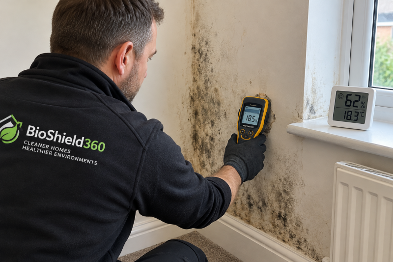 Professional wall moisture readings and room humidity assessment during a mould inspection by BioShield360 in Wakefield.