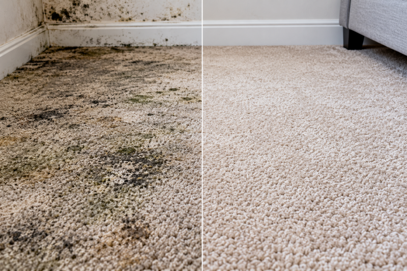 Before and after carpet cleaning showing mould-affected and professionally cleaned carpet in a Wakefield home