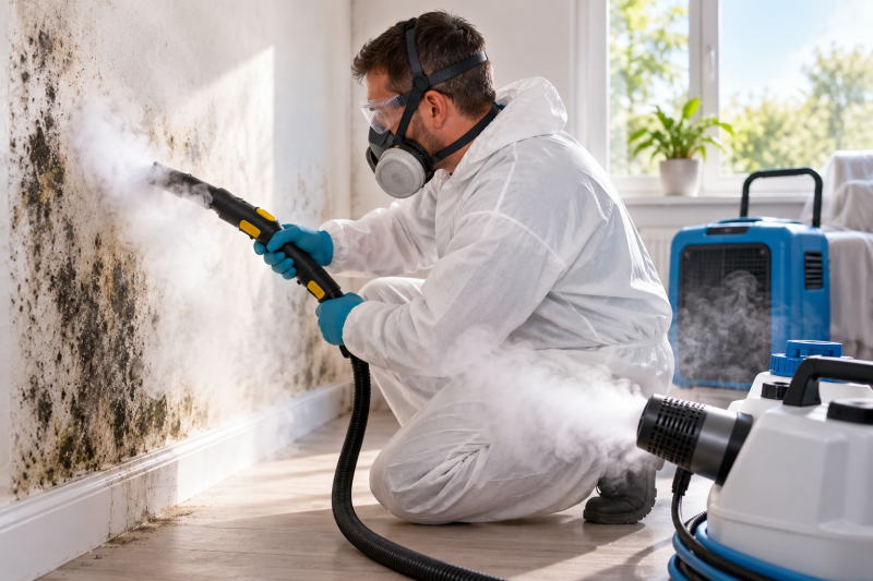 Professional technician using high-temperature steam to clean mould from a wall inside a residential property, with professional drying and dehumidification equipment nearby.