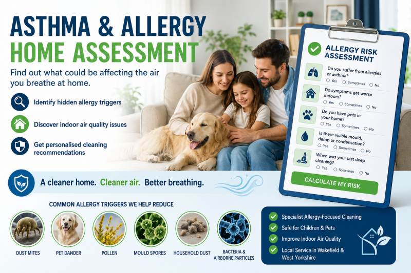 Asthma and allergy home assessment illustration showing a family with a pet dog in a clean living room, alongside an allergy risk questionnaire. The image highlights indoor air quality, dust mites, pet dander, pollen, mould spores and household allergens,