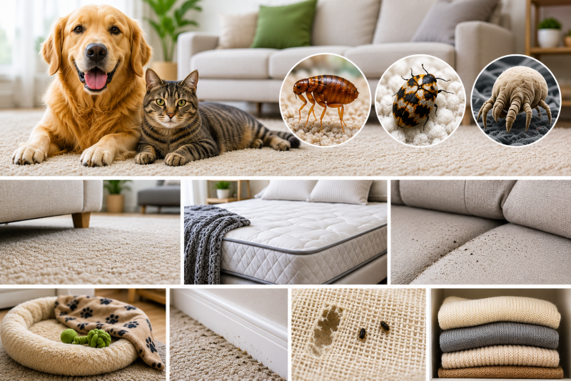 "BioShield360 pest control services for fleas, carpet beetles and dust mites using professional steam treatment for carpets, mattresses, upholstery and pet areas."