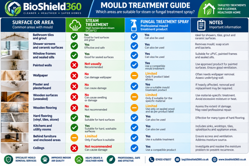 BioShield360 mould treatment guide comparing steam cleaning and fungal spray for mould removal on walls, tiles, ceilings and other surfaces in Wakefield and West Yorkshire.