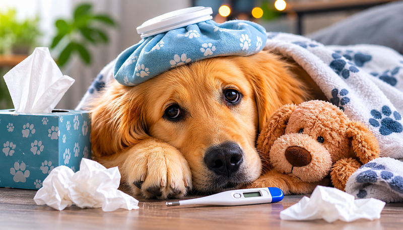 Poorly pet at home resting with signs of illness or fatigue, linked to indoor allergens, odours, and poor air quality affecting wellbeing.