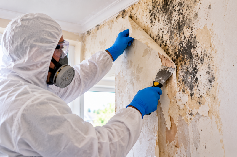 Professional worker removing wallpaper and mould from a wall using protective equipment