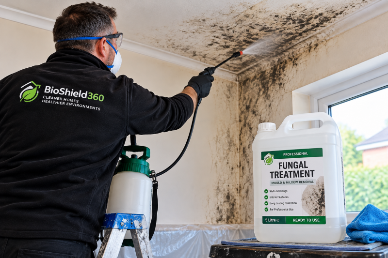 Professional fungal mould treatment on a mould-affected wall and ceiling by BioShield360 in Wakefield. Image title: Professional Wall a