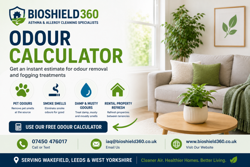 BioShield360 odour removal calculator banner showing a fresh, clean living room with indoor plants and modern furnishings. The image promotes instant odour removal estimates for pet odours, smoke smells, damp and musty odours, rental property refresh serv
