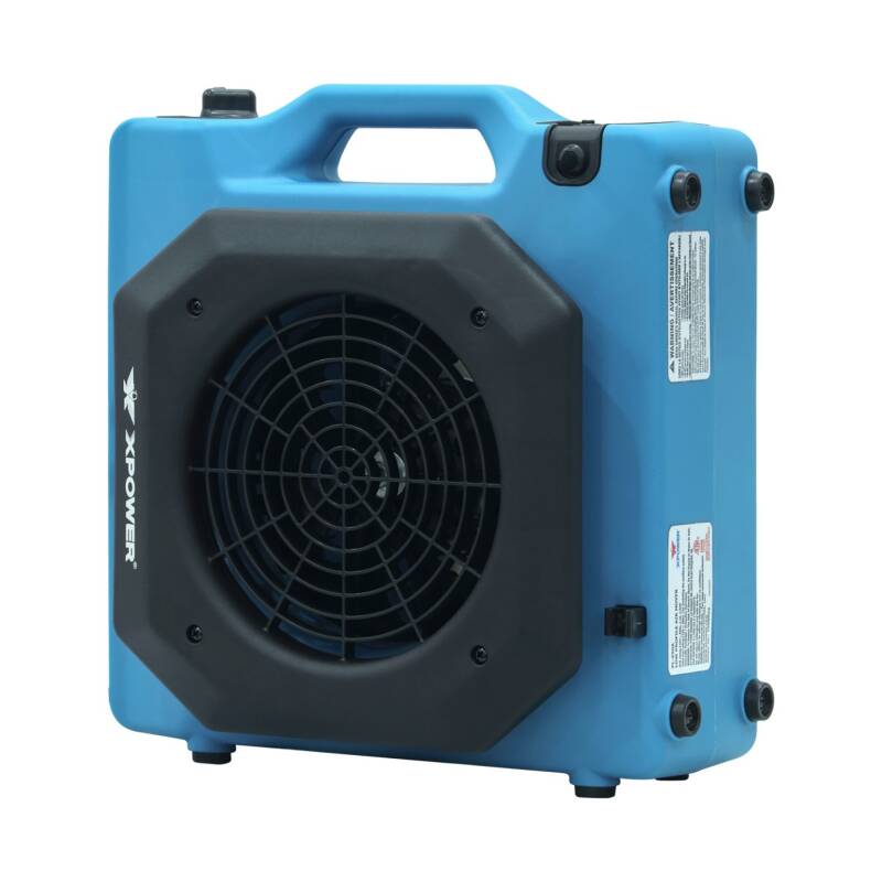 XPOWER commercial air mover and drying fan used for rapid airflow, carpet drying, flood restoration, mould prevention, and humidity control services by BioShield360. Portable blue industrial air blower with high-powered front fan and built-in carry handle