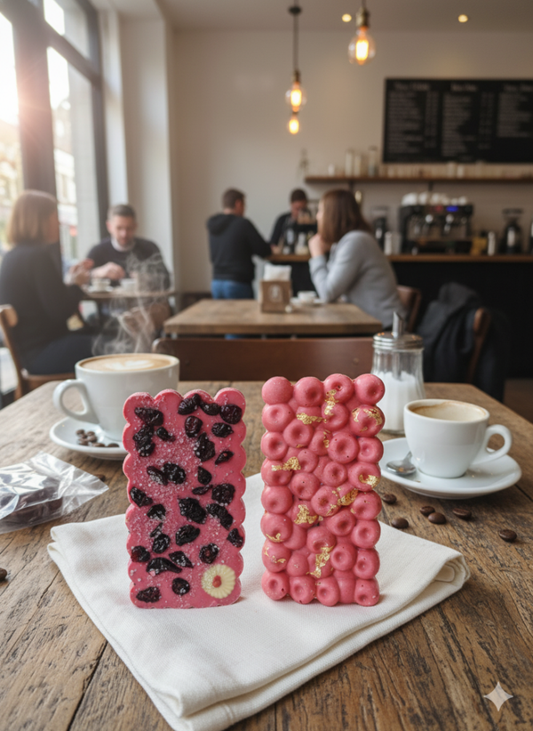 Pink chocolate tablet bar with cranberry