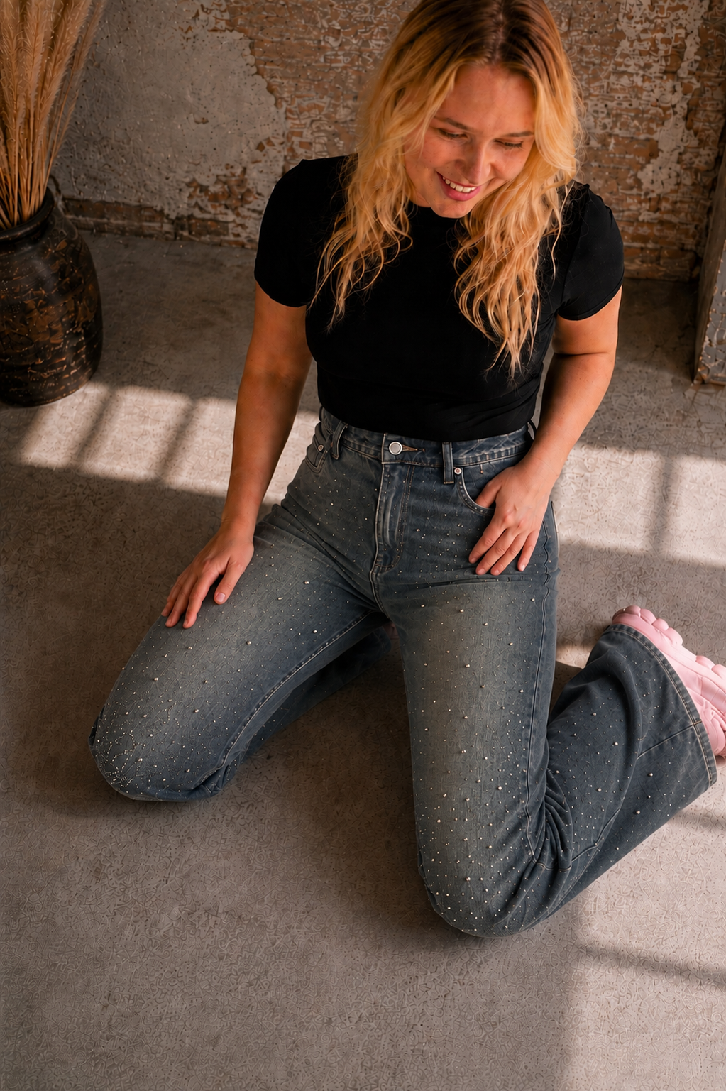 Rhinestone jeans S |(36)  high waist
