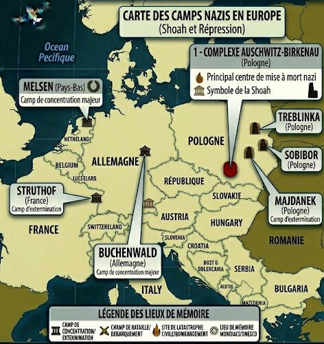 carte des camps de concentration nazis en Europe : extermination, Shoah