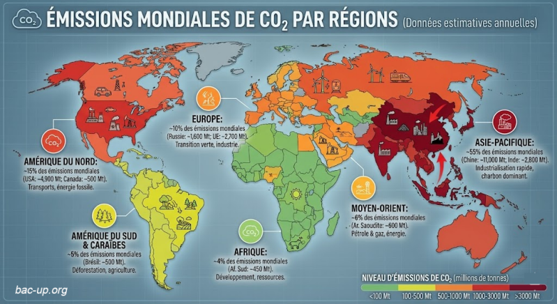 émissions mondiales de CO2 par régions
