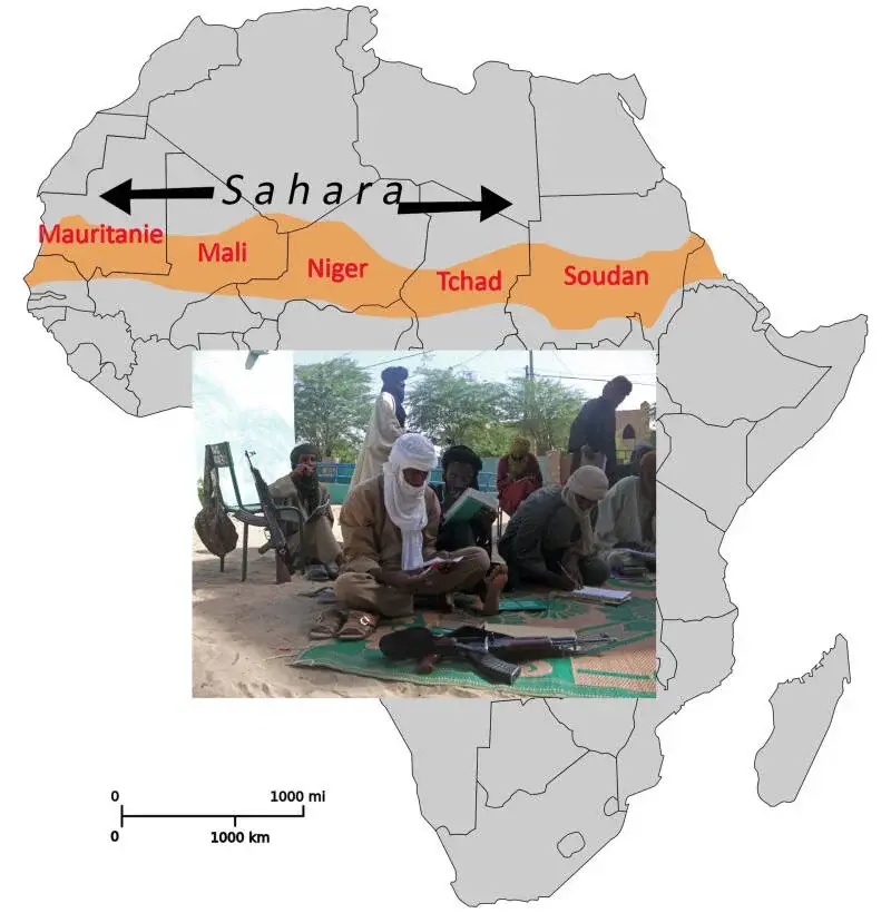 Le Sahel, la lisière sud du Sahara. La photo représente des djihadistes à Tombouctou (Mali)