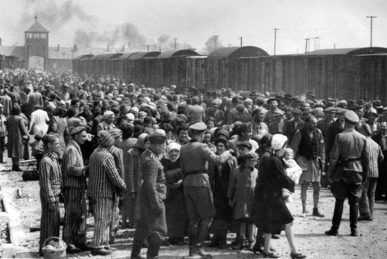 sélection des prisonniers pour les travaux forcés ou les chambres à gaz. Auschwitz-II (Birkenau), mai/juin 1944.