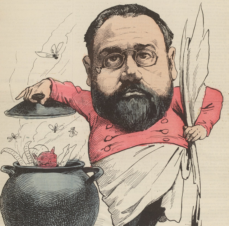 Caricature d'Émile Zola en Pot-Bouille par André Gille, dans la Une de La Nouvelle Lune le 23 avril 1882