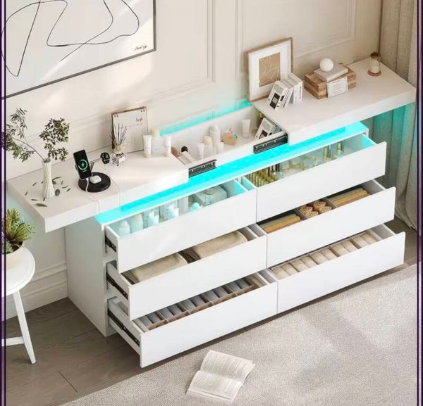 White LED Dresser 6 Drawer with Sliding Top & Charging Station for Bedroom