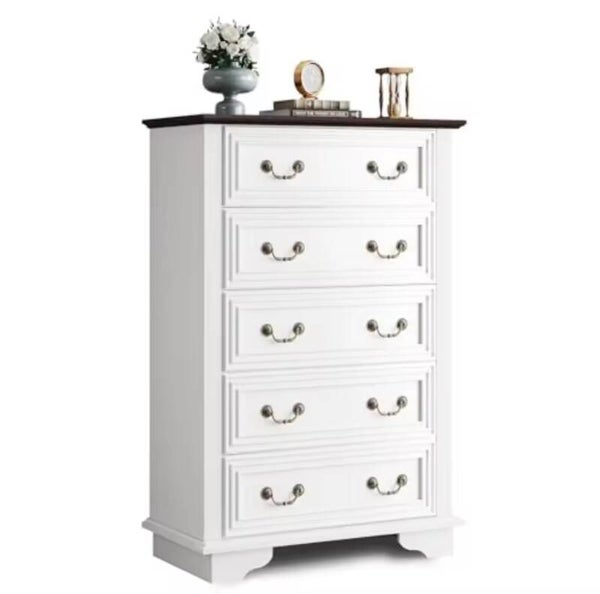 Farmhouse dresser for bedroom: wood chest of drawers with 5 drawers Roman metal handles white finish durable and spacious storage