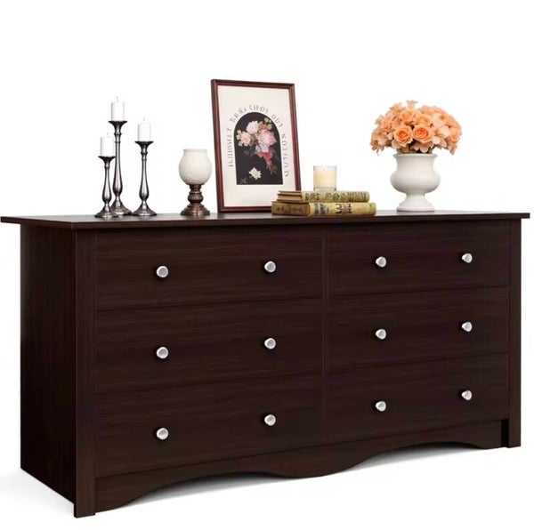 6 Drawer Wood Dresser Wide Storage Tower Modern Bedroom Living Room Hallway Entryway Dark Brown, Customized