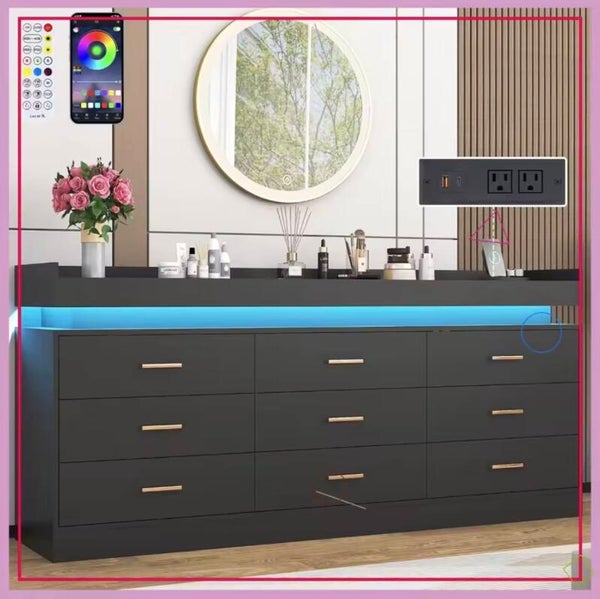 9 Drawer Dresser with LED Lights & Charging Station, 63" Modern Chest for Bedroom, Living Room, Black