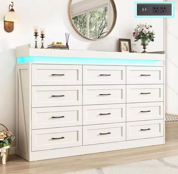 71" Wide 46" Tall 12-Drawer Farmhouse Dresser LED Power Outlets Wood Rustic Bedroom White, Customized