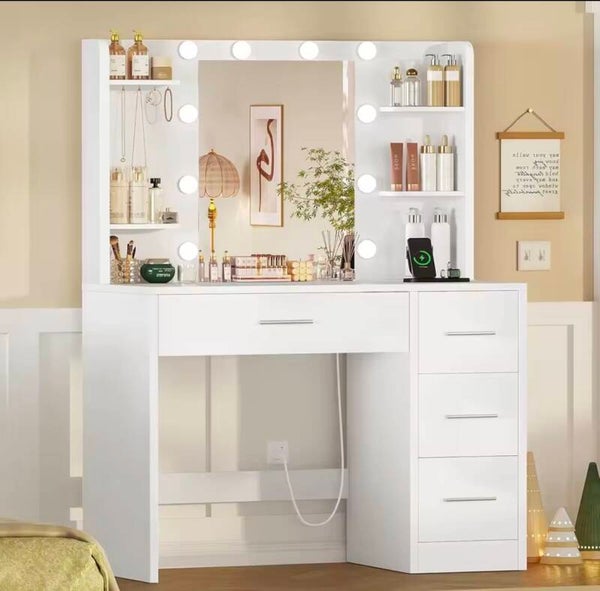 Vanity Desk with Mirror and Lights, Makeup Vanity with Power Outlet and 4 Drawers & 6 Shelves & 5 Hooks, Customized