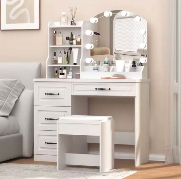 Makeup Vanity Desk with Mirror and Lights amp Power Outl,White Dressing Table 3 Lighting Colors, 4 Drawers, Makeup Vanity Set