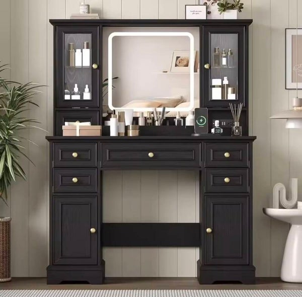 Illuminated Vanity Desk with Mirror, Drawers, and Charging Station for Women