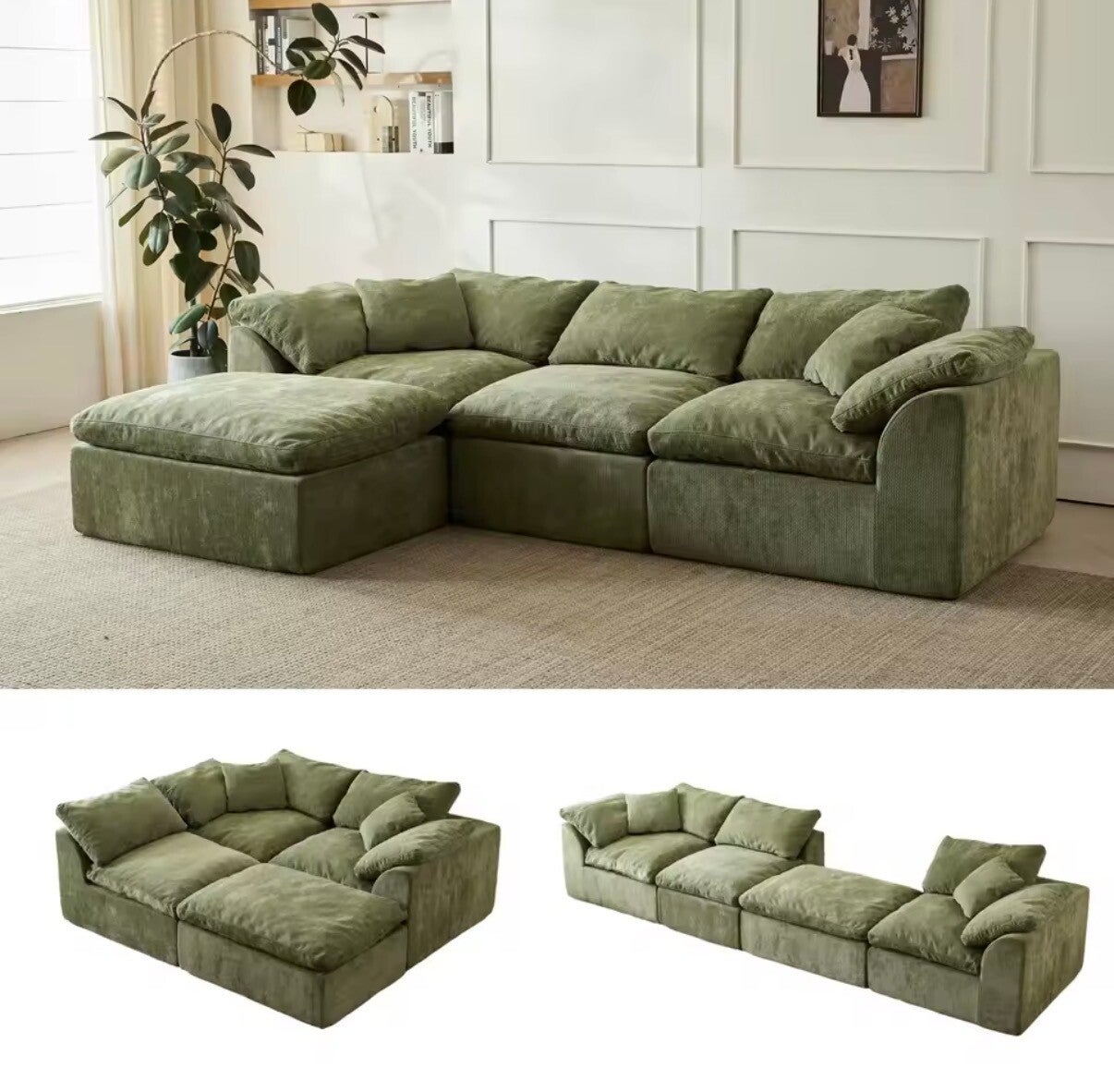 109" Modern Cloud L-Shaped 3-Seater Oversized Deep Seat Chenille Fabric Sofa green Modular Sectional with Ottoman