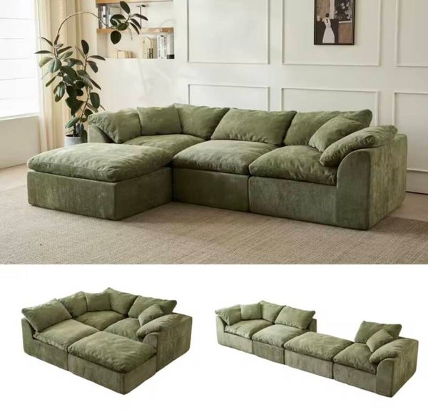 109" Modern Cloud L-Shaped 3-Seater Oversized Deep Seat Chenille Fabric Sofa green Modular Sectional with Ottoman