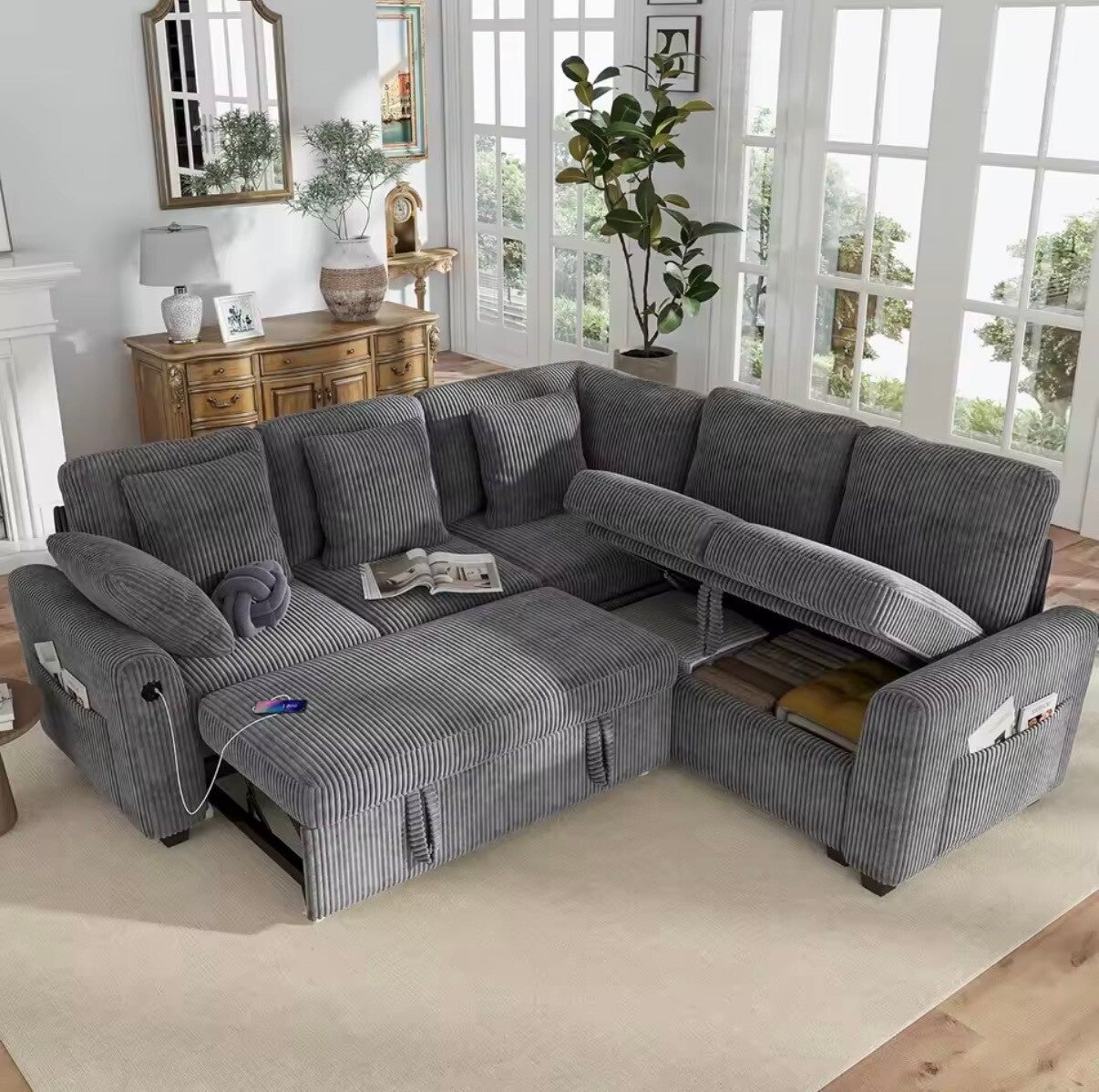 L Shaped Sectional Sleeper Sofa with Pull Out Bed Storage USB Charging Living Room Apartment, Custom
